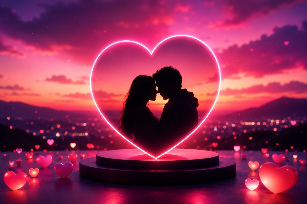 Illustrated couple silhouette inside a glowing pink neon heart over a sunset city skyline — Milox dating app