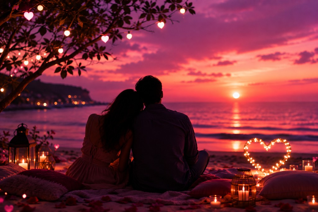 Couple sitting together on a beach watching the ocean sunset with candles, rose petals, and heart-shaped lights — Milox dating site